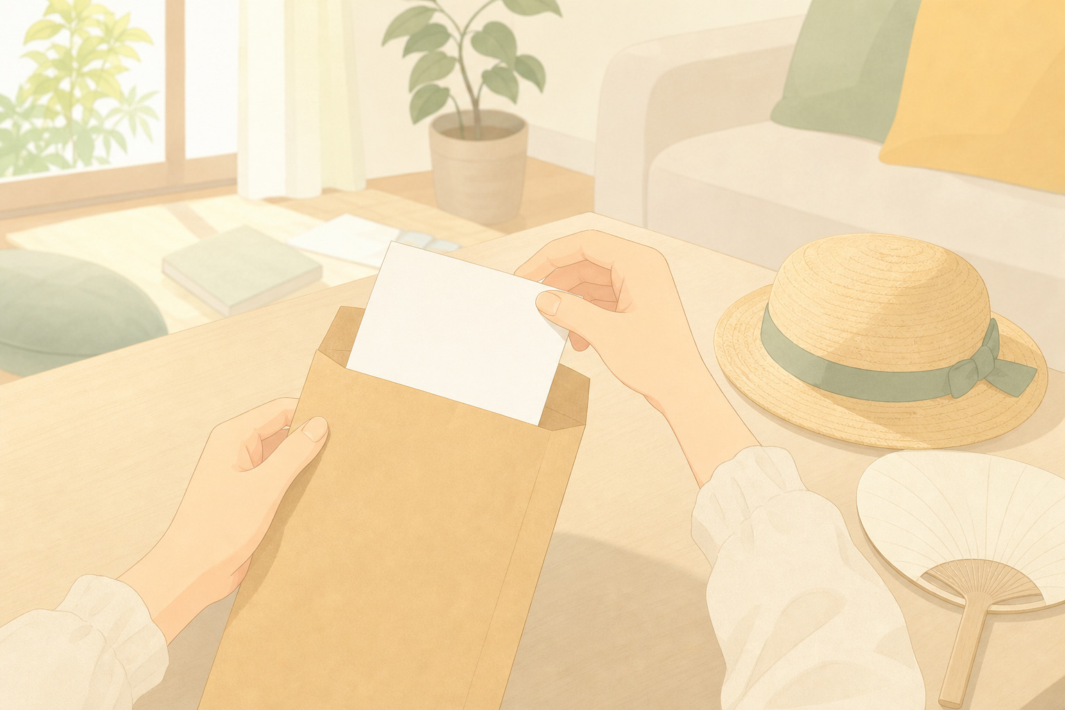 夏休みグッズが置かれたリビングで茶封筒を開けている母親の手元