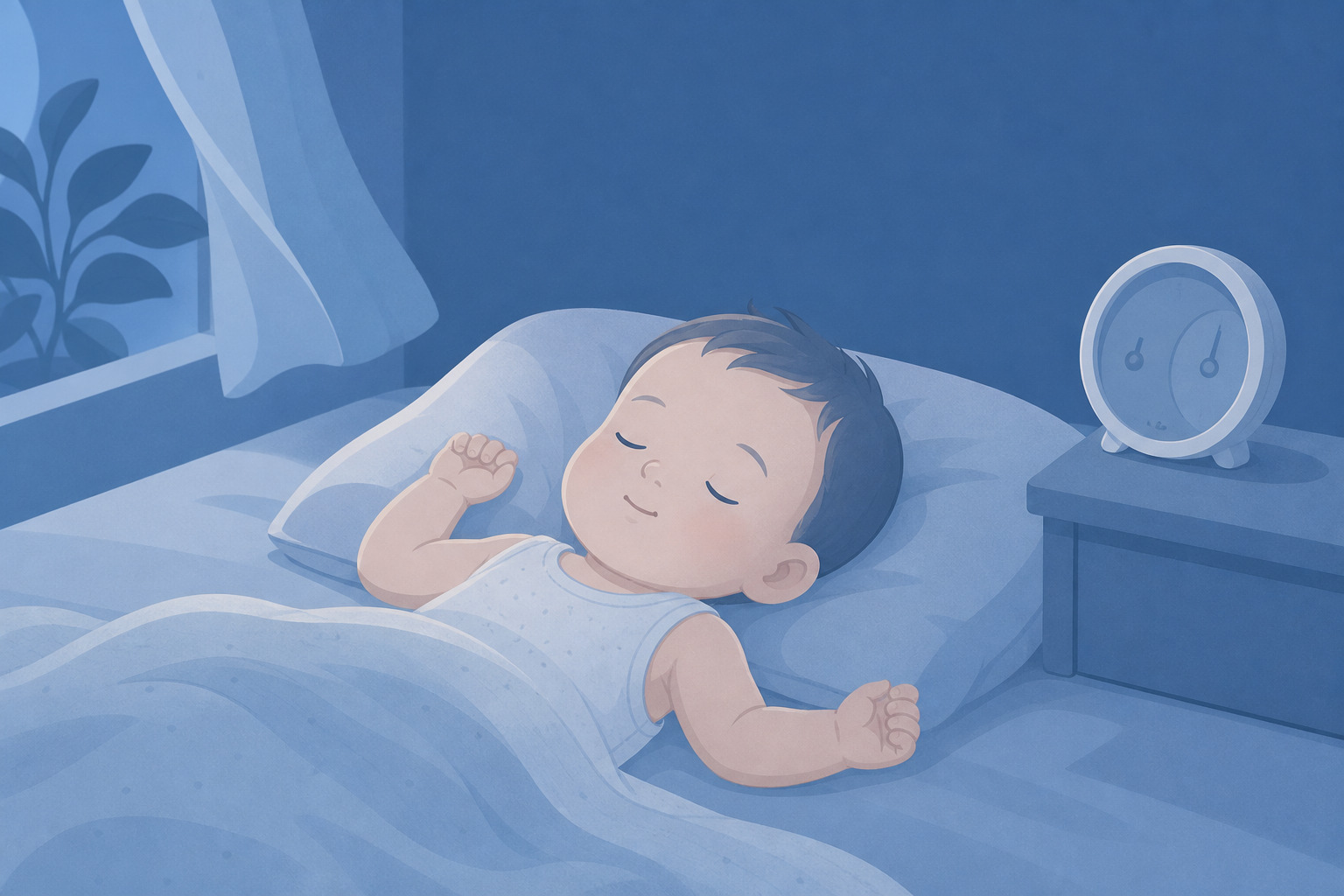 夜の涼しい寝室で薄手の肌着で気持ちよさそうに眠る赤ちゃんと温湿度計