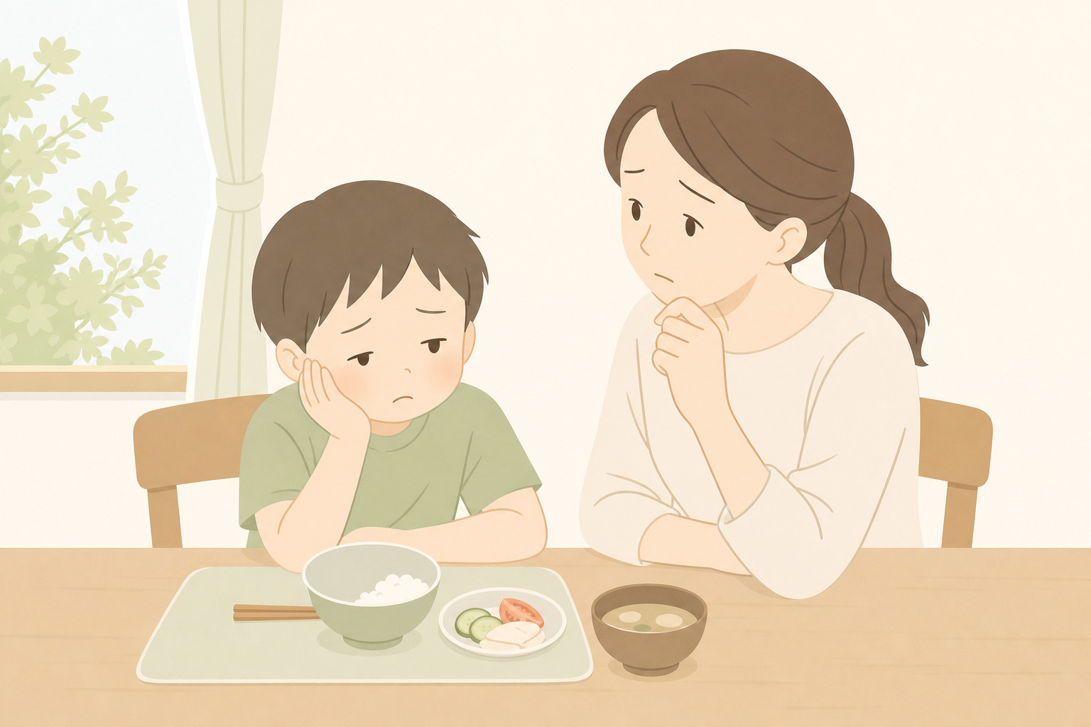 食卓でご飯が半分残ったお茶碗を前に元気のない子どもと心配そうな母親