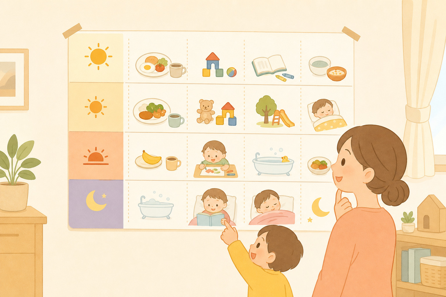 壁に貼った一日のスケジュール表を親子で一緒に見ている様子