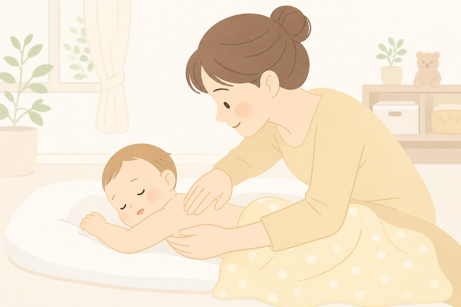 母親が赤ちゃんの背中に手を当てて汗や体温を確認している様子