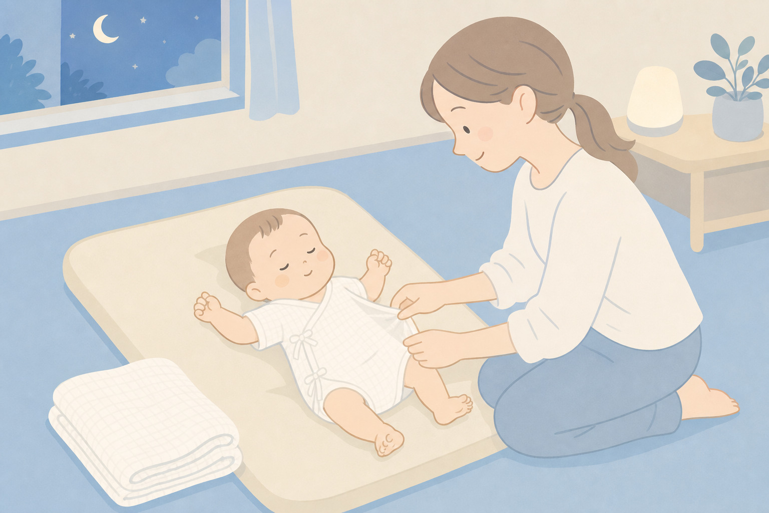 母親が赤ちゃんに薄手のガーゼ素材の肌着を着せている様子
