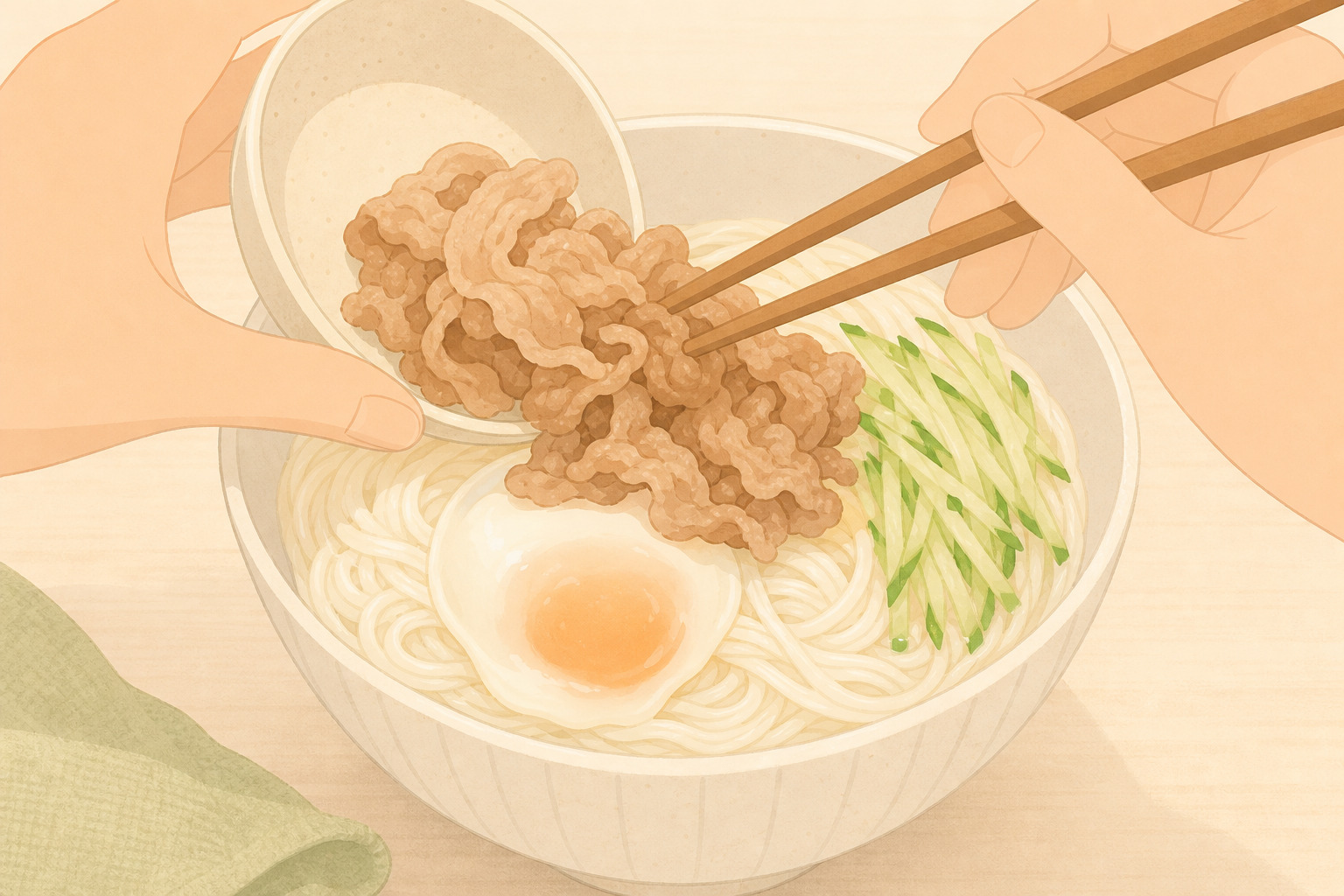 そうめんに温泉卵と炒めた肉をトッピングする手元