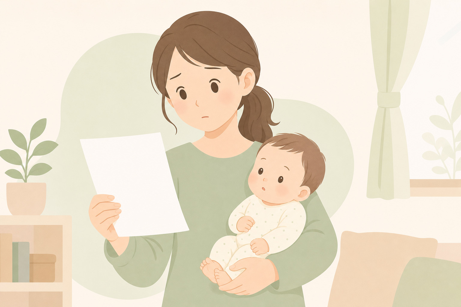 保育園からのお便りを見ながら赤ちゃんを抱っこする心配そうな母親