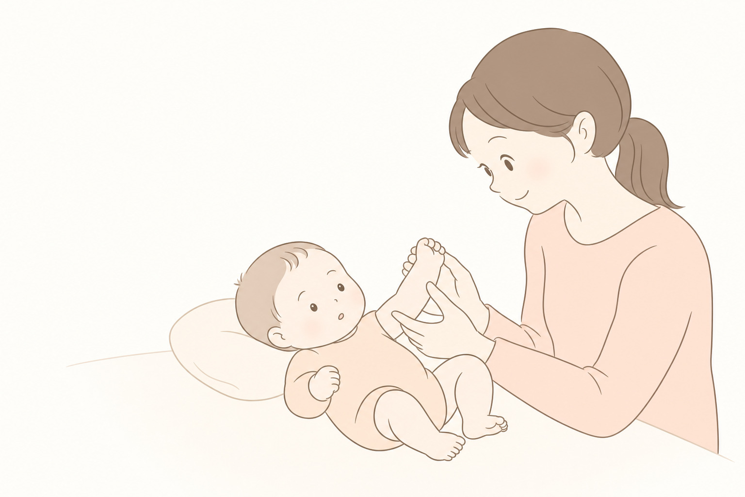 赤ちゃんの足の肌をやさしく確認する母親