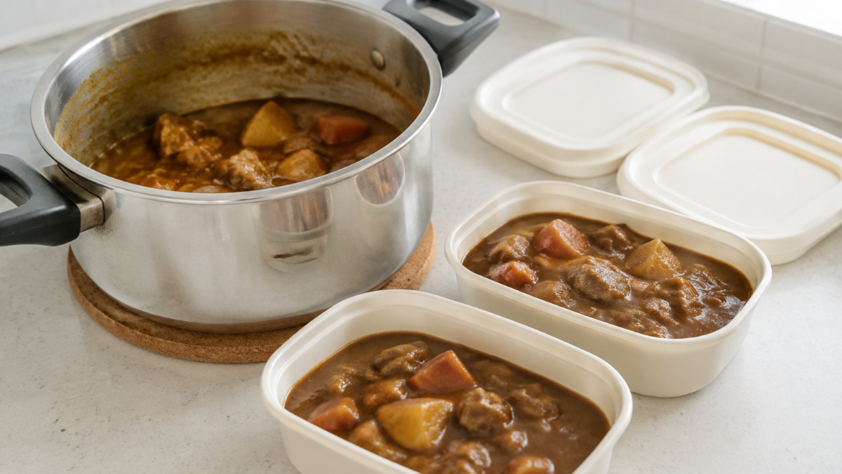 鍋で作ったカレーを容器に小分けして冷ます様子