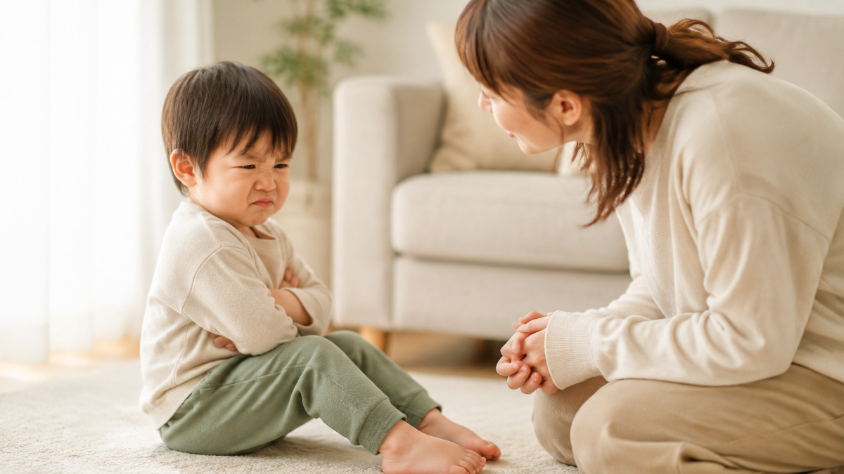 イヤイヤと泣く子どもをやさしく見守る母親