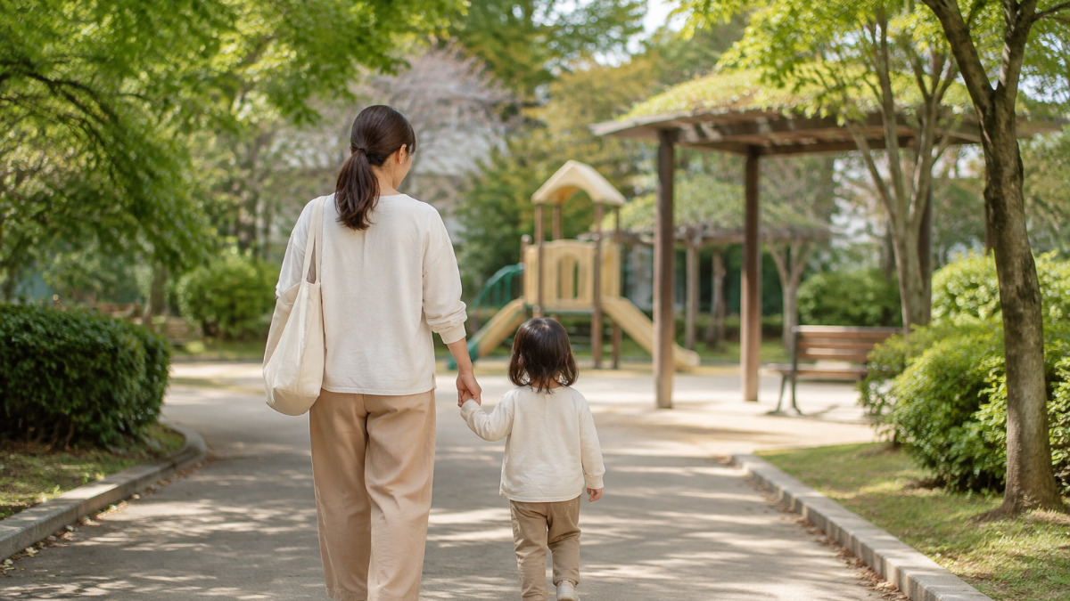 公園で楽しそうに遊ぶ親子