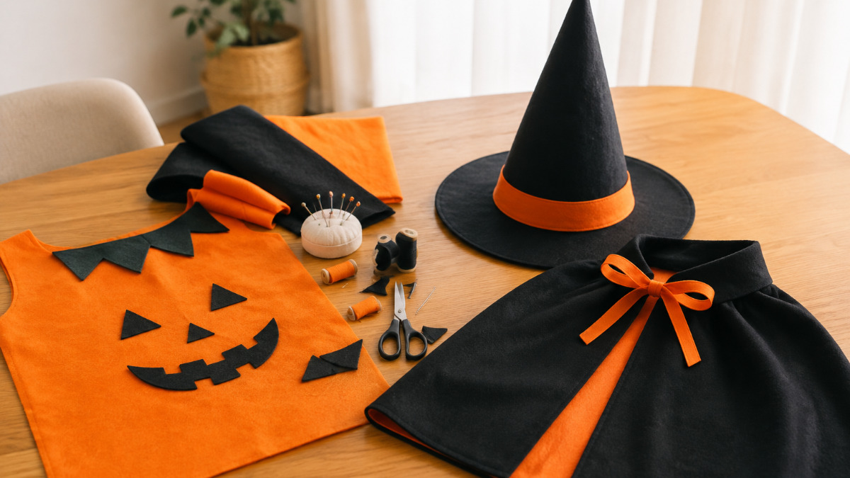 ハロウィンの仮装を親子で手作りする様子