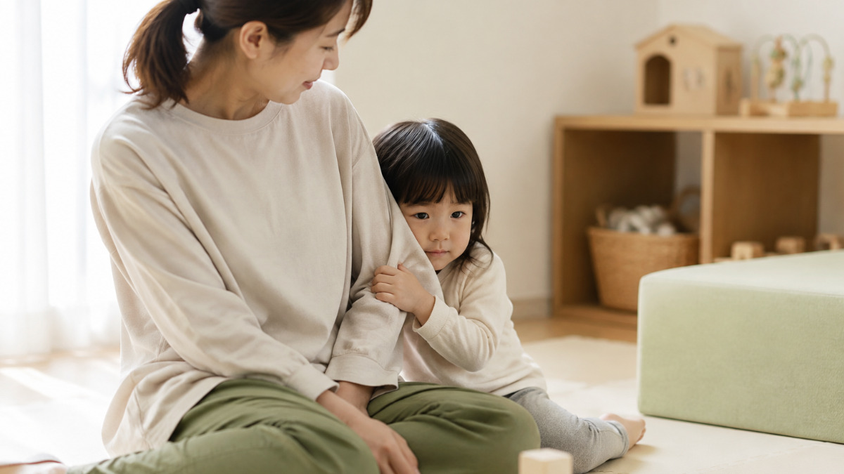 人見知りをして母親の後ろに隠れる子ども