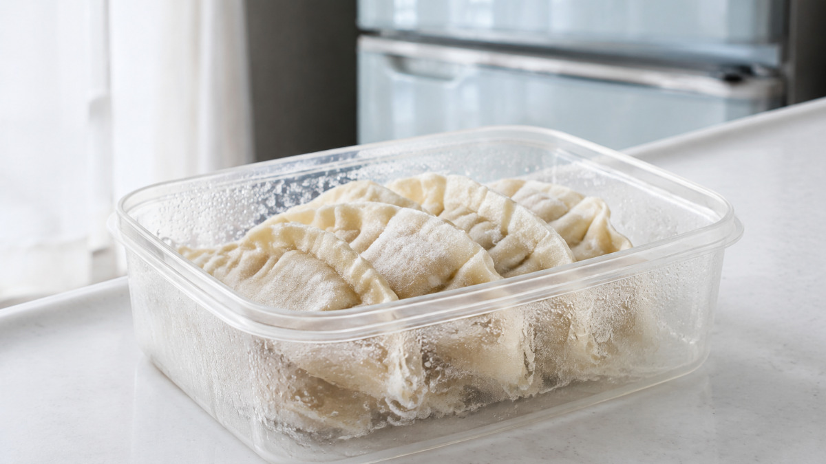 冷凍食品を冷蔵庫で解凍する様子