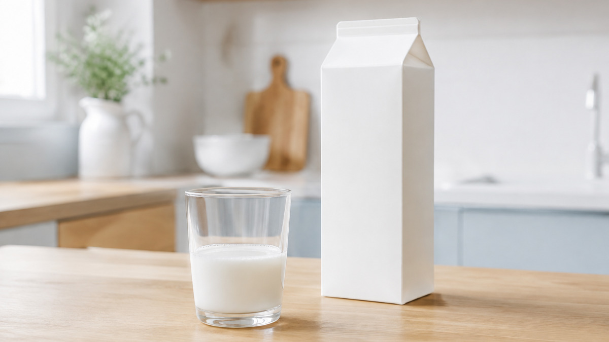 冷蔵庫から取り出した牛乳パックを確認する様子