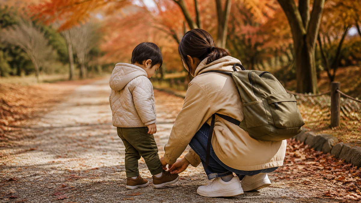紅葉の中を親子で散策する様子