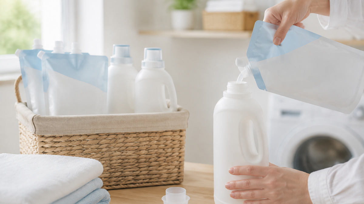 洗剤や柔軟剤のストックを整理して収納する様子