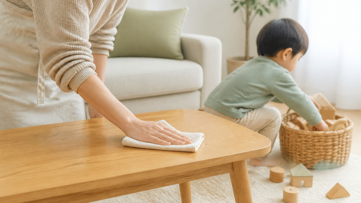 リビングを掃除する親と、その横で遊ぶ子ども