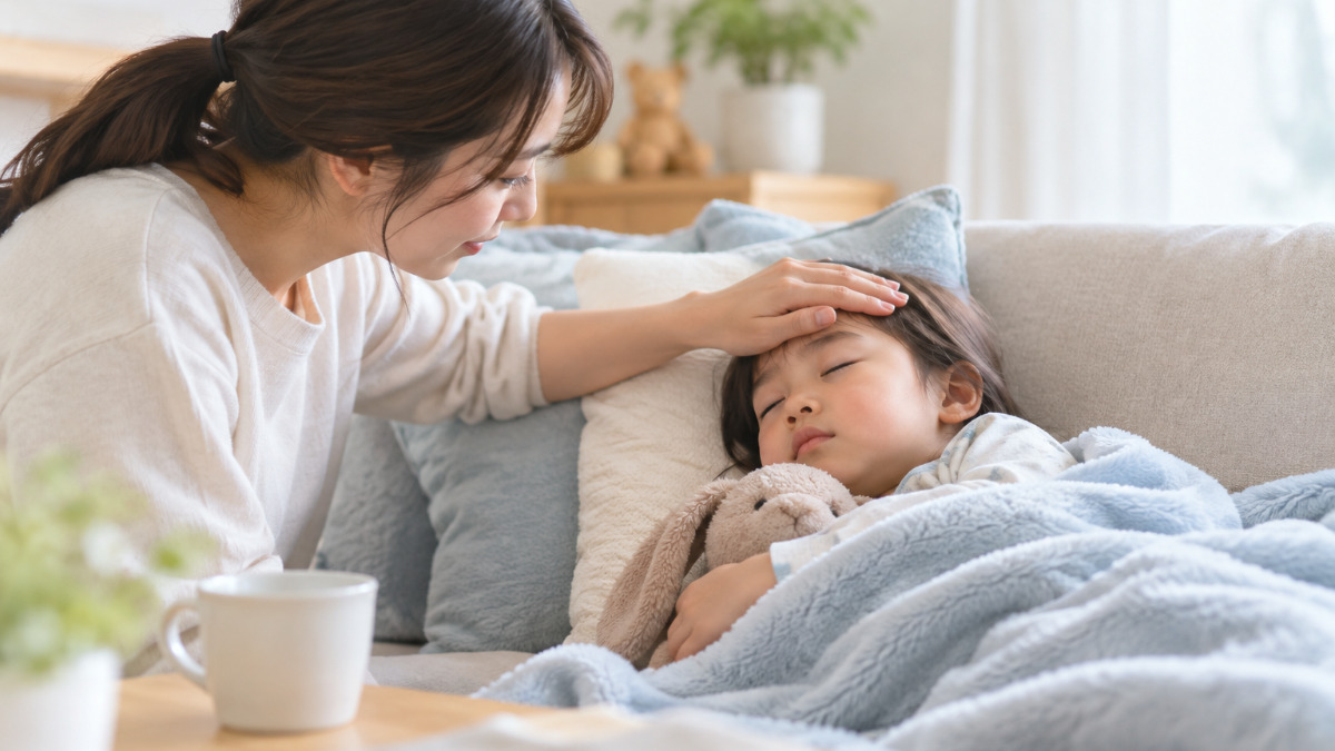 熱を測る子どもと寄り添う保護者の様子