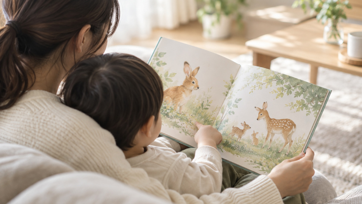 親子で絵本を読む様子
