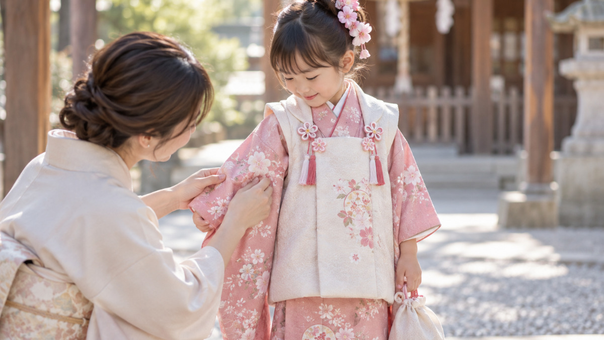 七五三の記念撮影をする親子