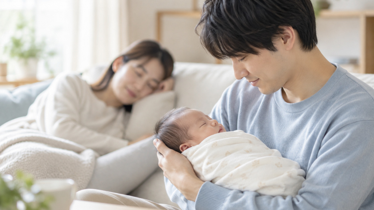 産後パパ育休を取得する父親と赤ちゃん