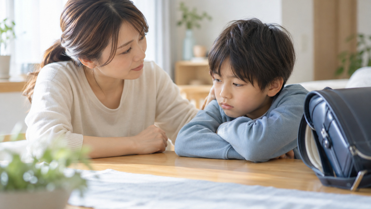 朝、子どもに寄り添う母親